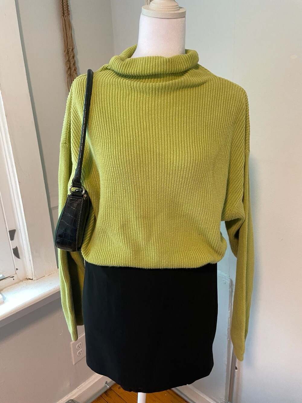Belford Chartreuse Green 100% Cotton Ribbed Turtleneck Sweater Size L